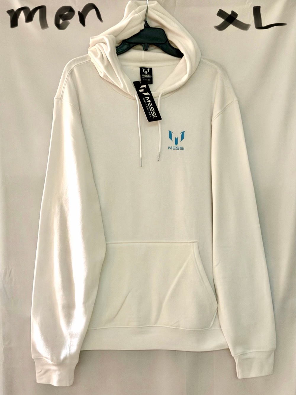Messi Men's Crewneck Hoodie in White with Blue Logo - XL